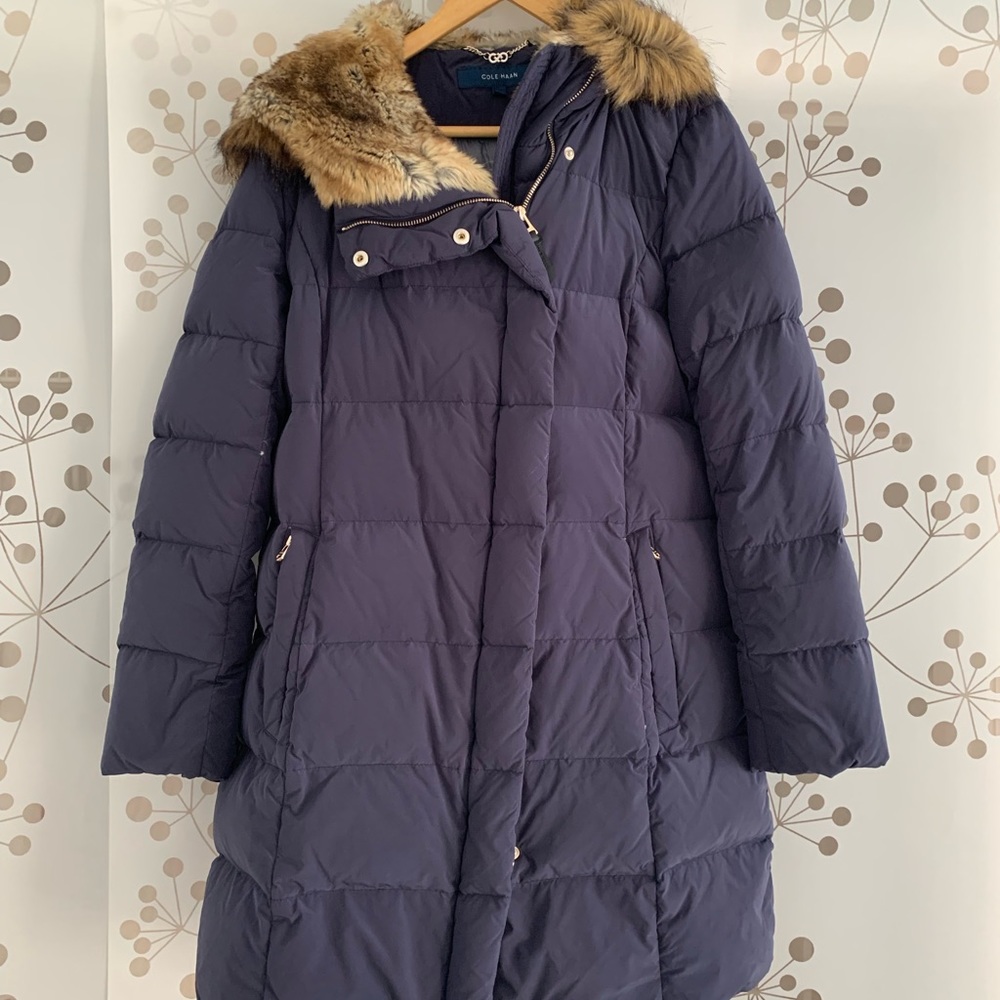 Cole Haan down coat, fur lined hood